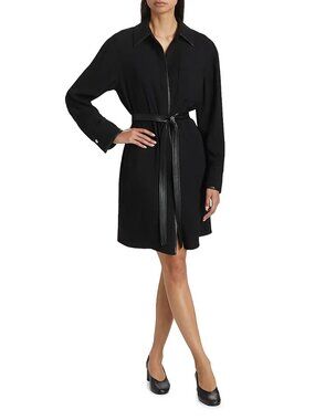 VINCE Faux-Leather Trim Tie-Waist Long-Sleeve Shirtdress Black Size XXS NWT